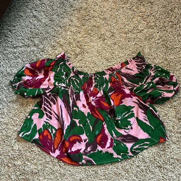 ASOS Y2K Cottagecore Boho Tropical Romantic Off The Shoulder Floral Blouse Sz16 - Picture 2 of 9